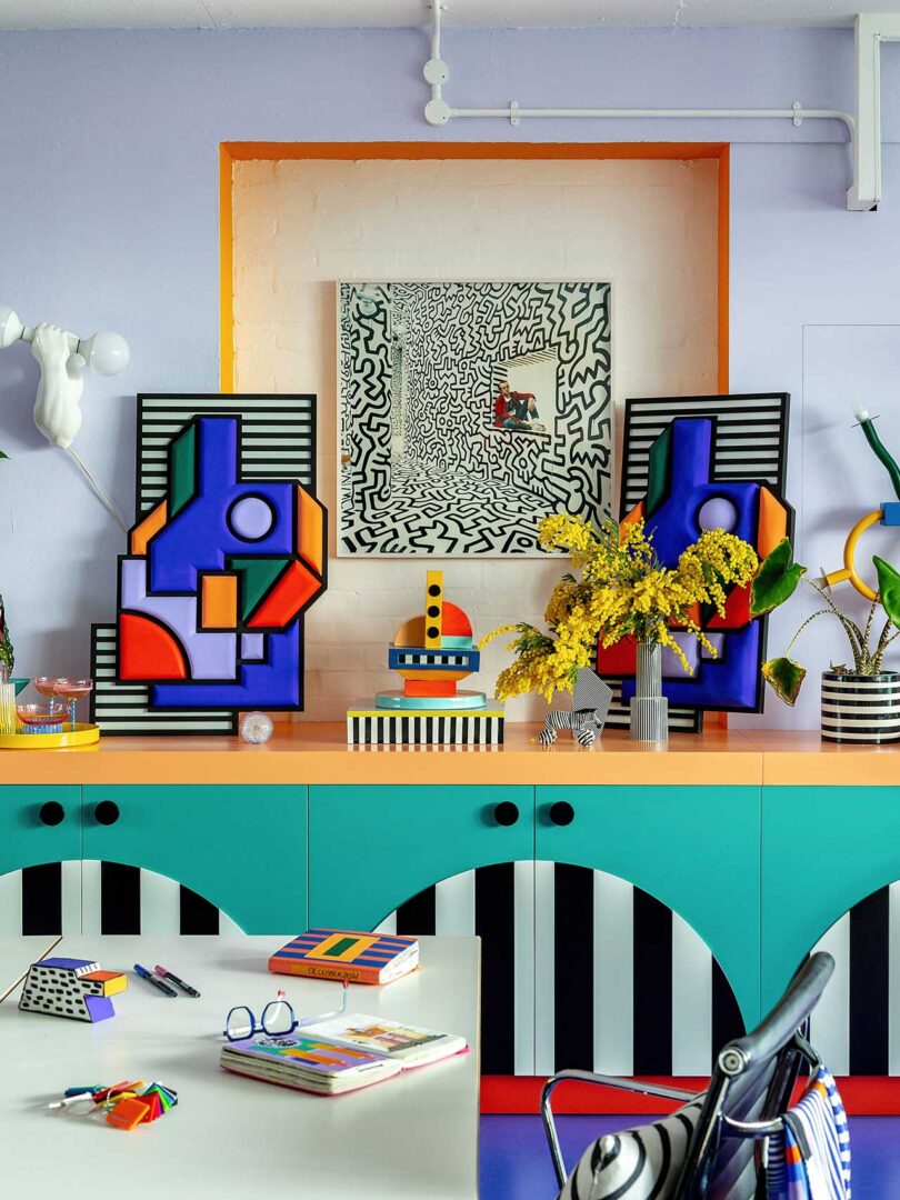 view of vibrant studio office with geometric artwork