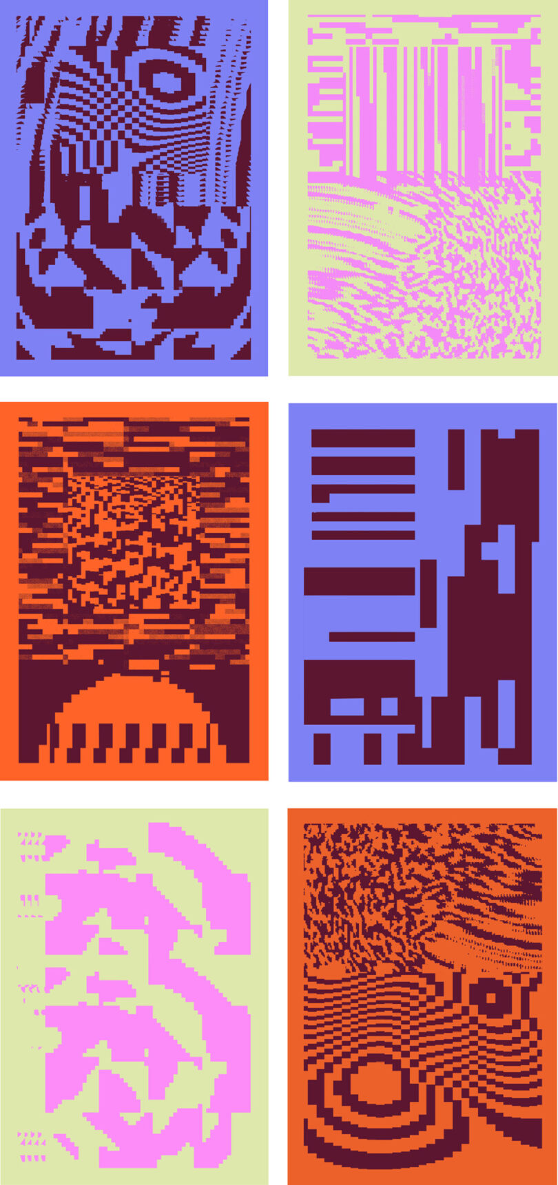 four digital patterns in purple, orange, light green, and pale pink