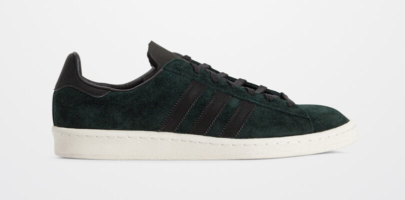 Side view of Norse Projects x Adidas The Campus 80s casual sneakers in dark green.