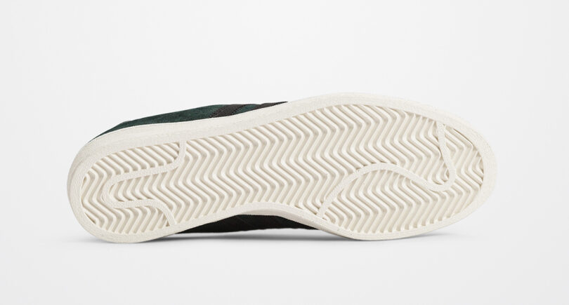 Bottom view of Norse Projects x Adidas The Campus 80s casual sneakers flat tread bottom.