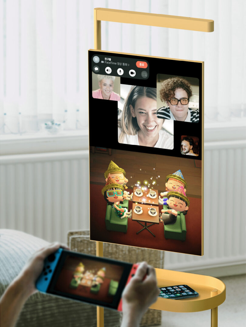 Vertical oriented screen divided into upper and lower, with top half showing friends connected by video call, lower half of friends playing Nintendo Switch Animal Crossing.