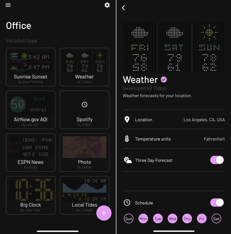 User's Tidbyt app collection screen with weather, air quality, sunrise/sunset, photo, and clock apps.