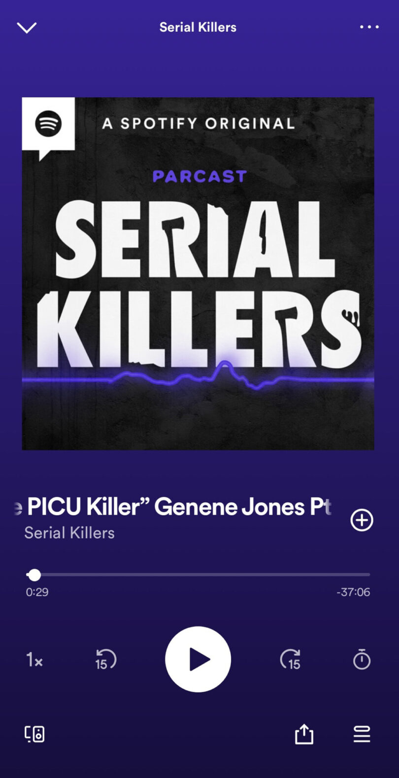 screen shot of a podcast screen reading SERIAL KILLERs PICU Killer