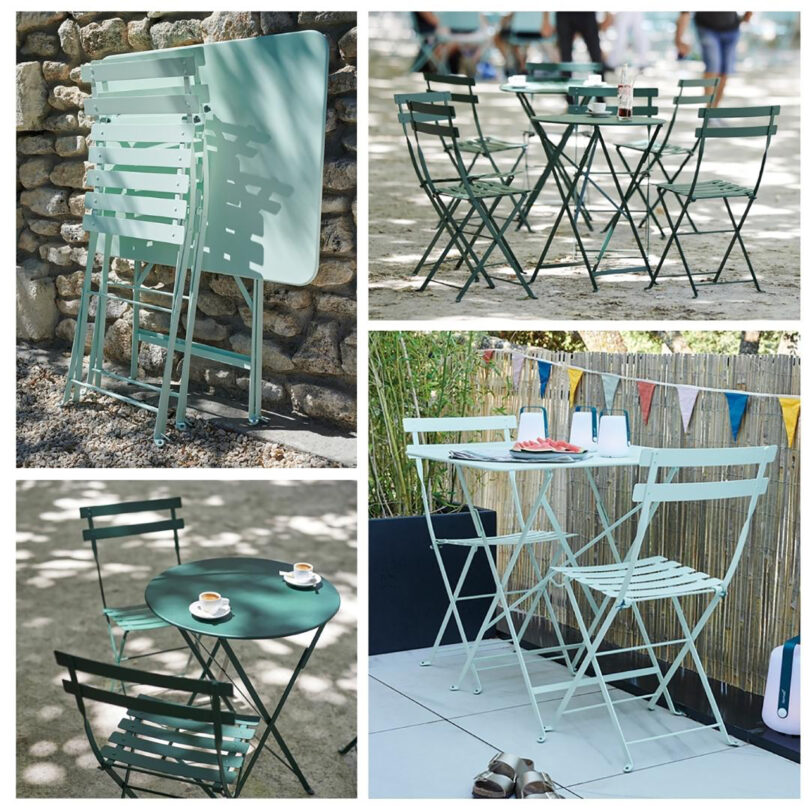 A four square of photos of the Fermob Bistro chair and tables in various outdoor settings.