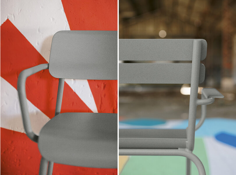 Side by side photos of Fermob Studie and Luxembourg Chairs in Lapilli Grey.
