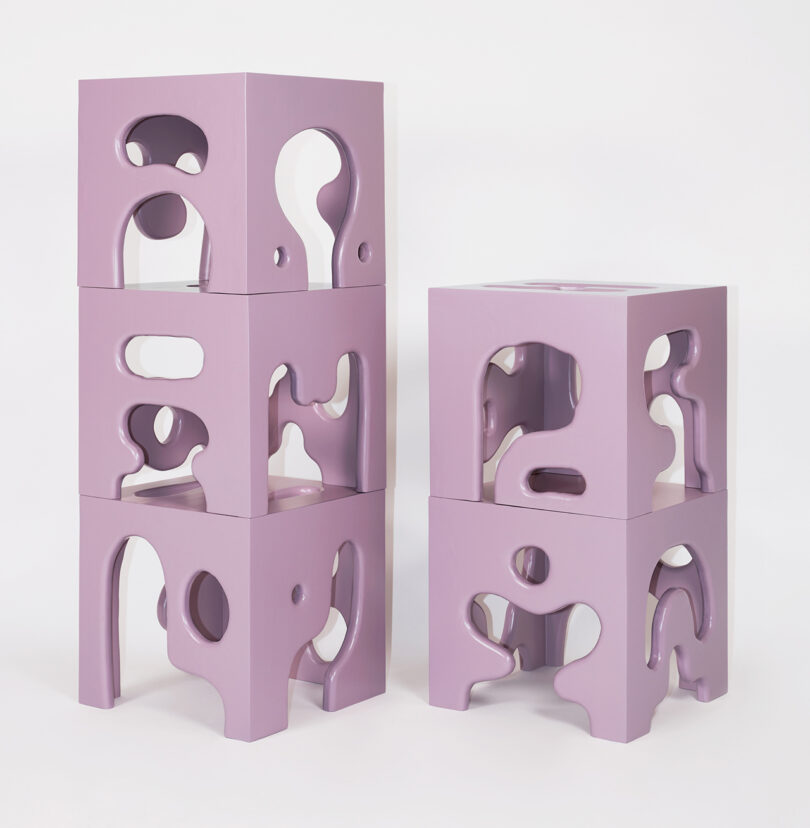 five lavender square stools with abstract cutouts on all sizes