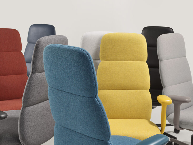 All eight different Asari chair color options with high backs, with white, beige, dark grey, blue, teal, black, yellow and red upholstery.