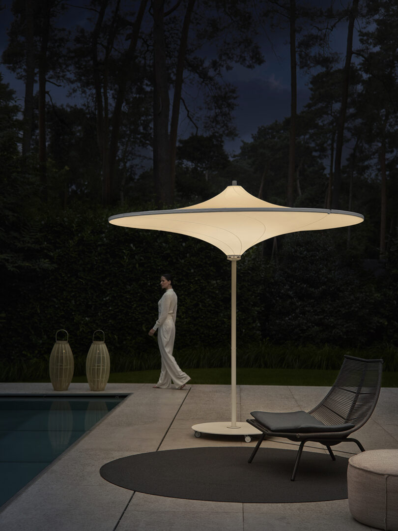 outdoor umbrella with built-in light next to a pool