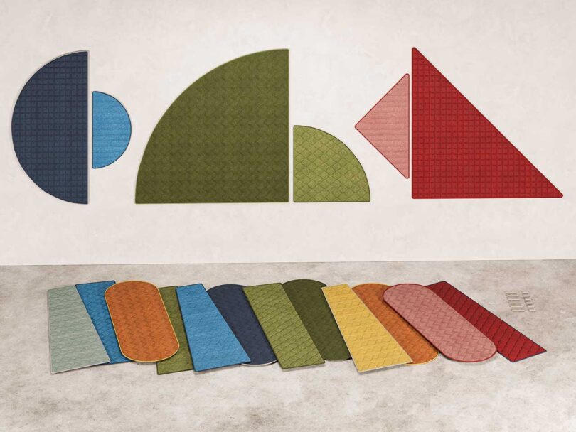 geometric acoustic panels in various colors of wall and floor