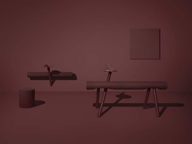 long dark maroon leaning bench with small attached round table and small version mounted to the wall