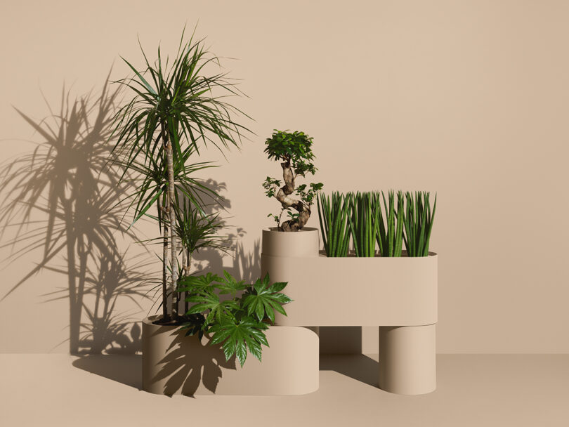 modular beige planter with greenery against a beige background
