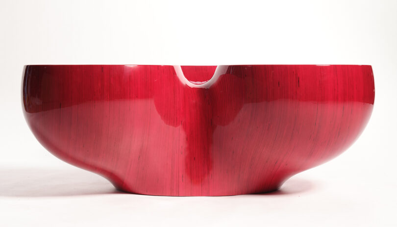 glossy red geometric stacked plywood table