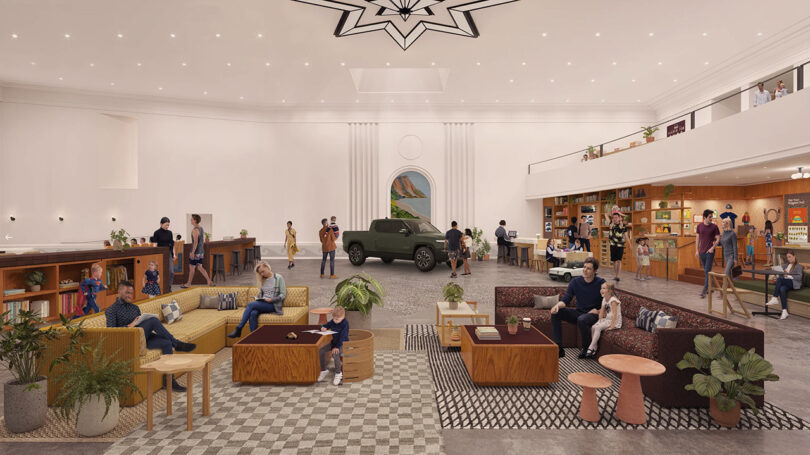 Render of interior space for Rivian Spaces planned for Laguna Beach within former theater building.