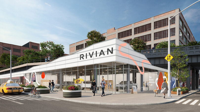 Render of Rivian NYC Space retail exterior.