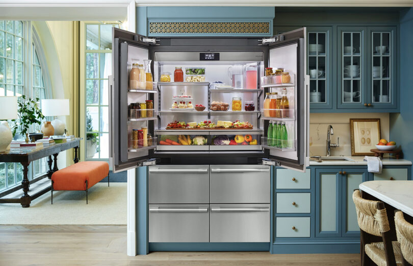 SKS ThinQ UP 48-inch dual door refrigerator shown with both top doors open revealing food contents within.