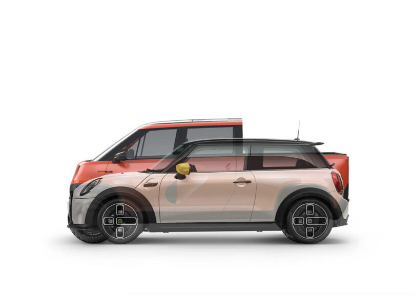 Overlay side view comparison of TELO to Mini Cooper illustrating compact size of the electric truck.