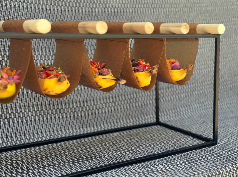 angled view of banana peel boats on slings