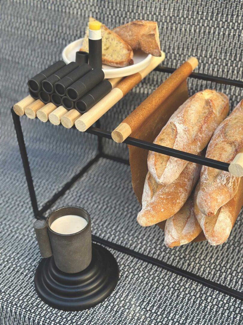 angled down view of bread baguettes on stand