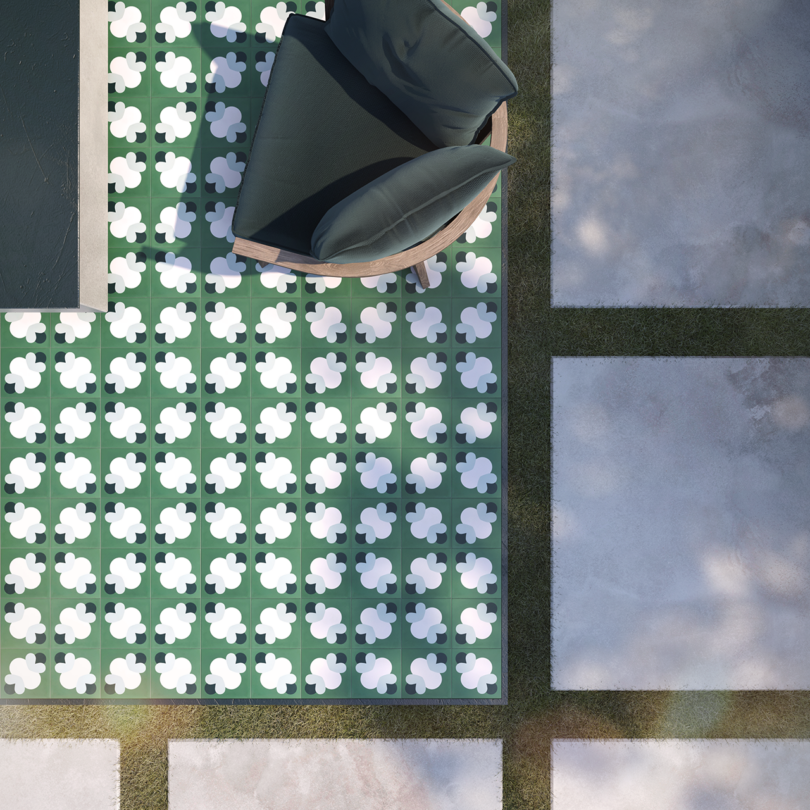 overhead view of outdoor patio featuring green and white patterned tiles