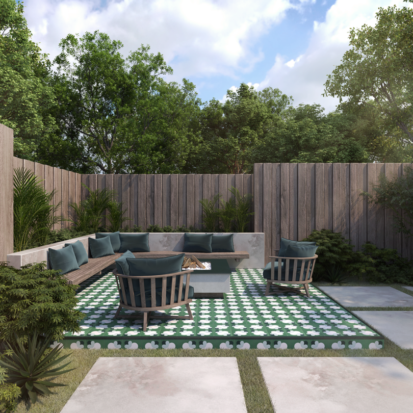 outdoor patio featuring green and white patterned tiles