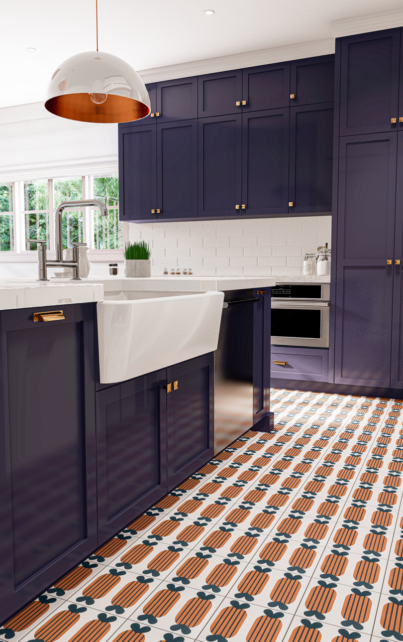 kitchen with a black, white, and orange patterned tiled floor