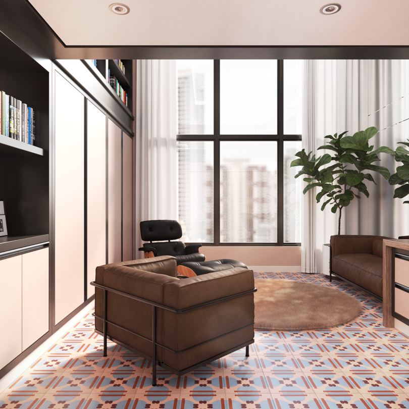 living space featuring pink, light blue, and burnt orange patterned floor tiling
