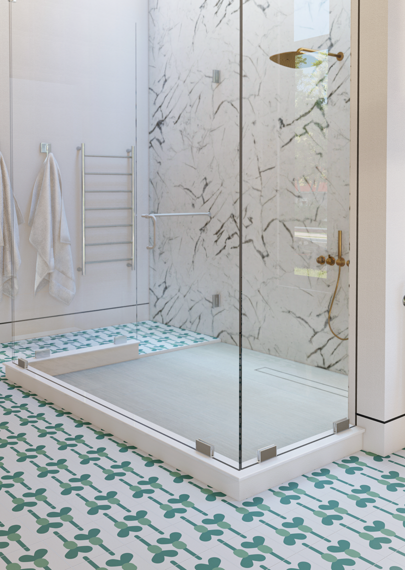 bath with a walk-in shower featuring two-tone green tile flooring