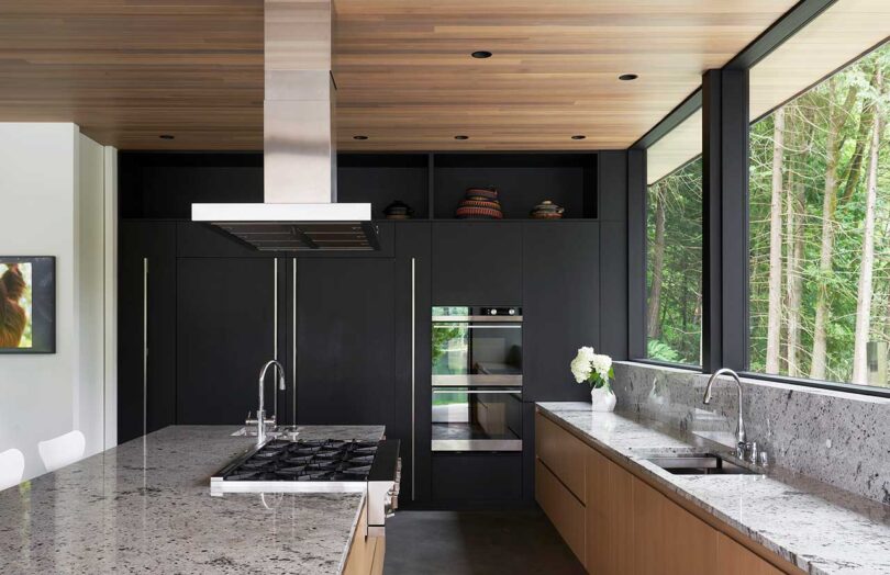 modern kitchen with wood ceiling, black cabinets and high end appliances