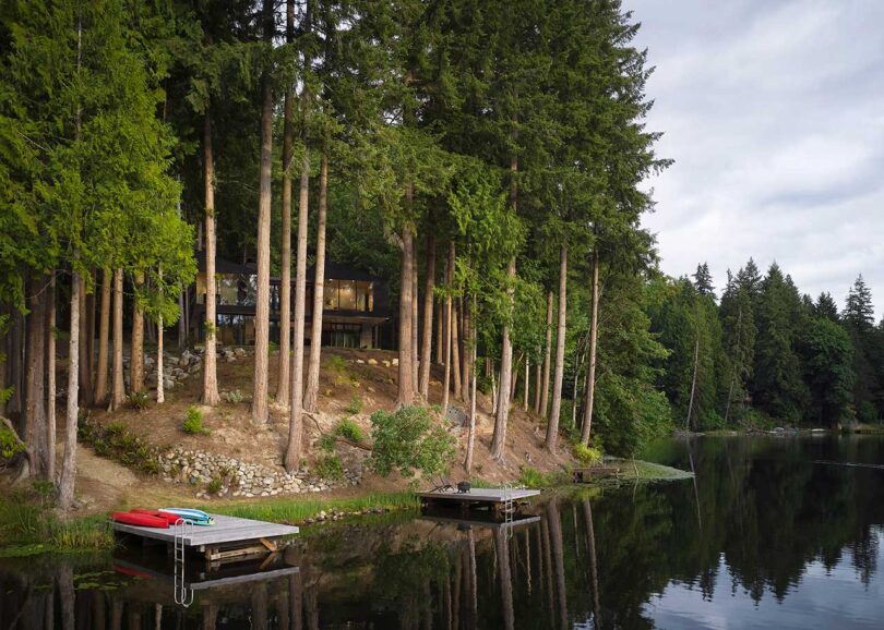 Vue Extérieure En Angle D'Une Maison Moderne En Forêt Tirée De L'Eau