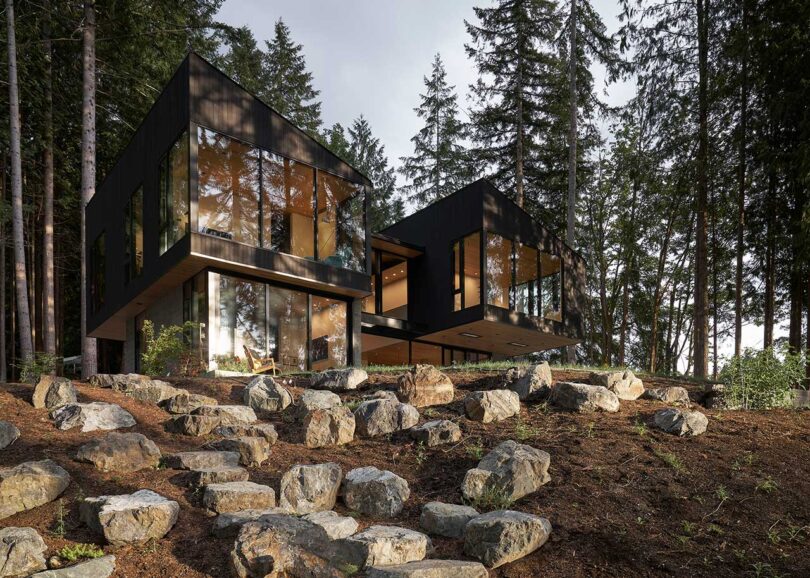 angled up view of exterior of modern black and glass house in forest