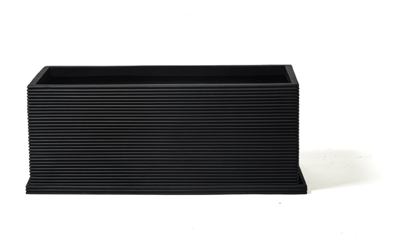 modern wide rectangular fluted black planter on white background