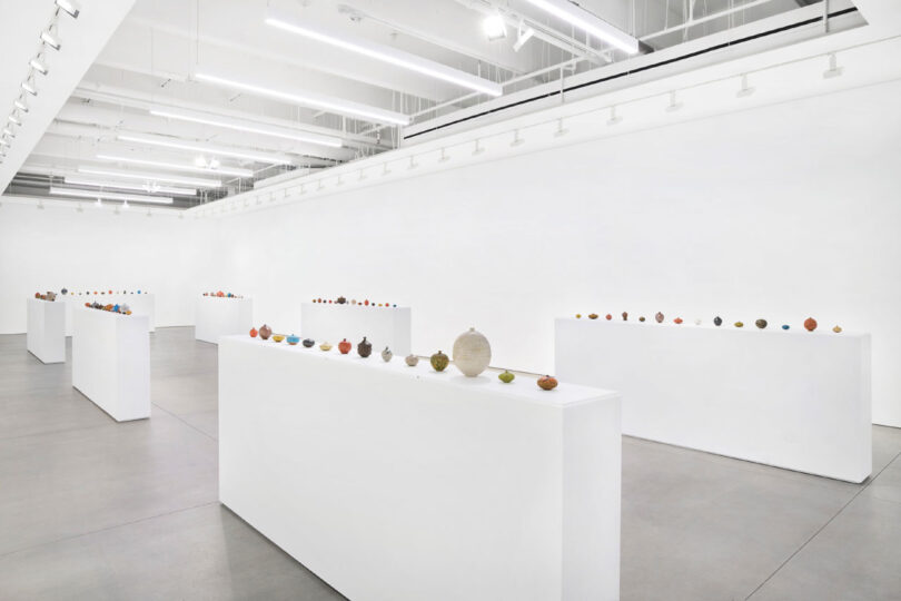Angled view of Doyle Lane's exhibition at David Kordansky Gallery showing pots grouped on white pedestals