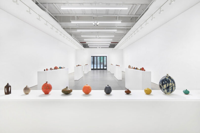 View from back of Doyle Lane's exhibition at David Kordansky Gallery showing all 98 pots