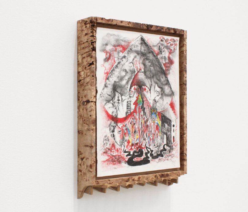 Burl wood frame with colorful drawing