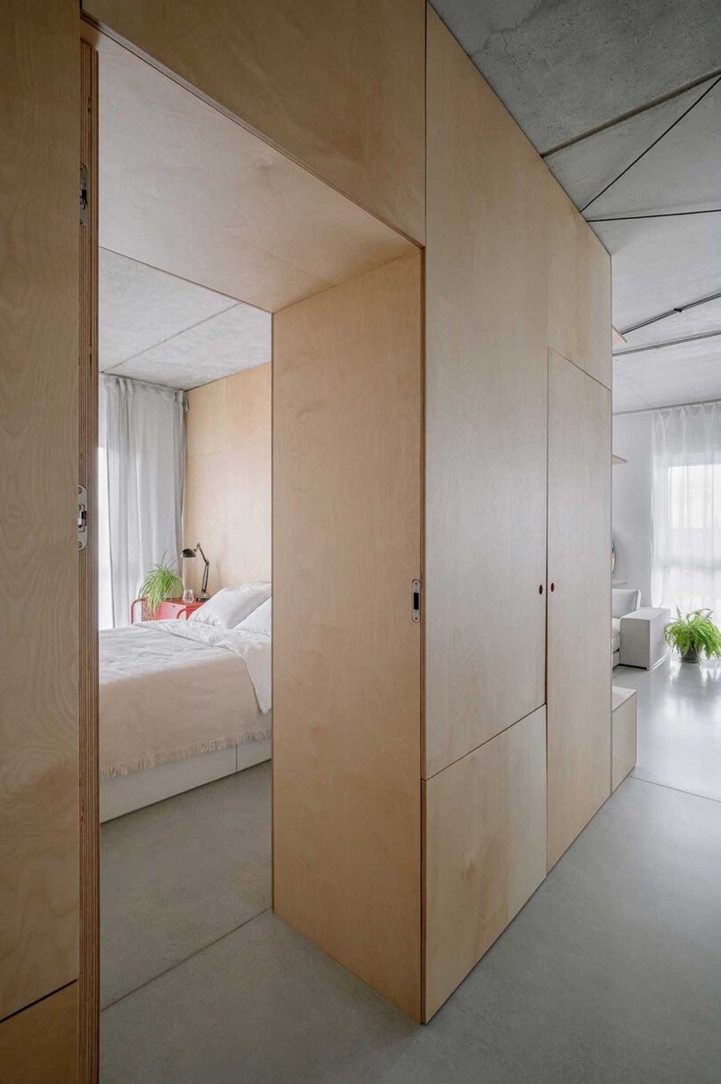 angled view in hallway looking into wood box structure housing minimalist bedroom in apartment