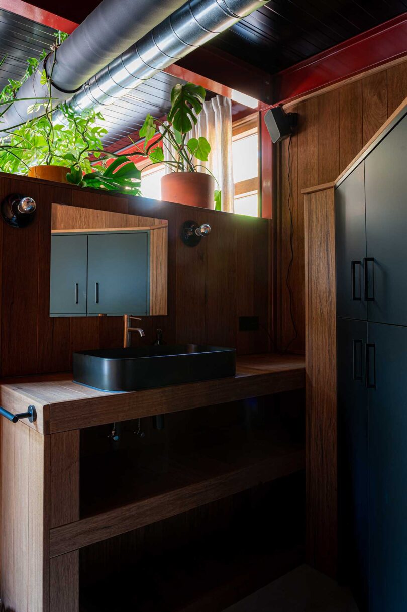 partial angled view of modern bathroom in cabin