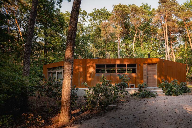 partial exterior view of modern house cabin clad in corten steel in woods