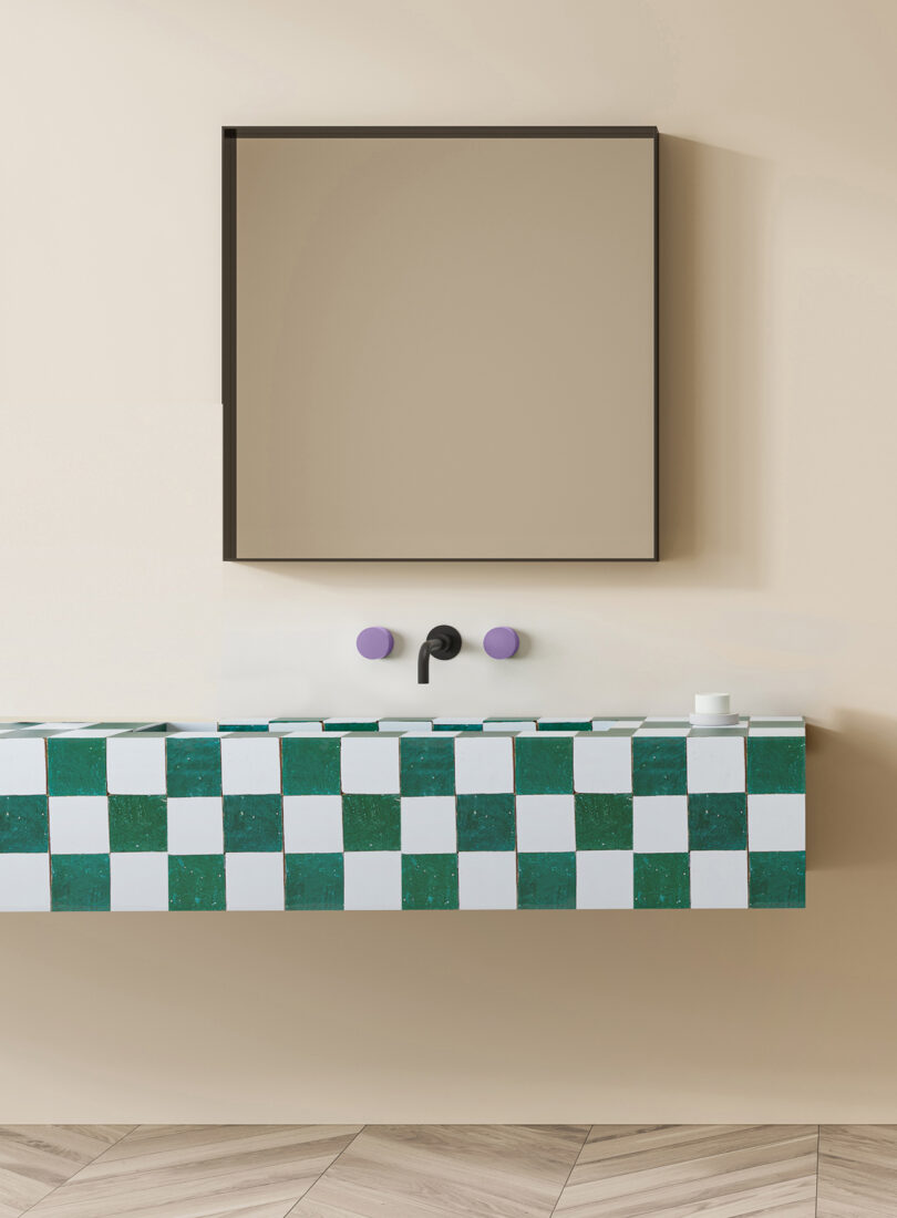 bathroom with soaking tub, green and white checkered vanity, black faucet, lavender faucet handles, and square mirror