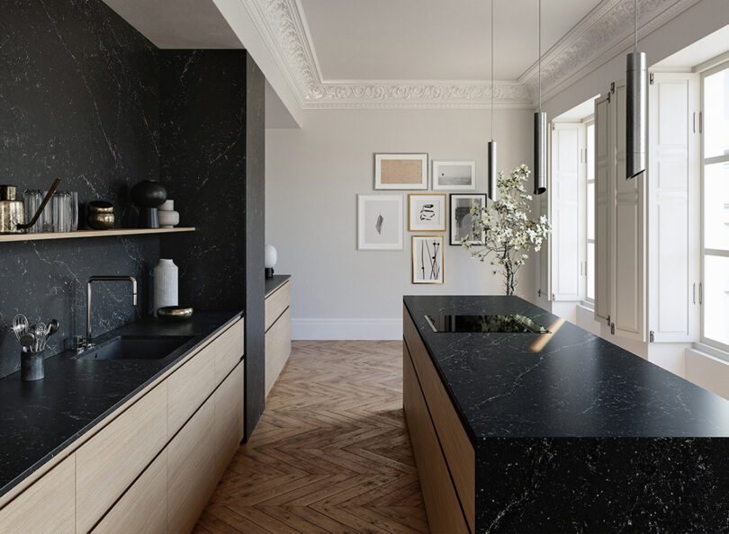 dark grey and light wood kitchen space