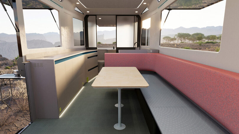 Interior render of Lightspeed L1 trailer showing seating and surfaces.