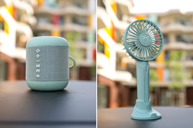 side by side images of mint-colored speaker and fan accessories for new Fiat