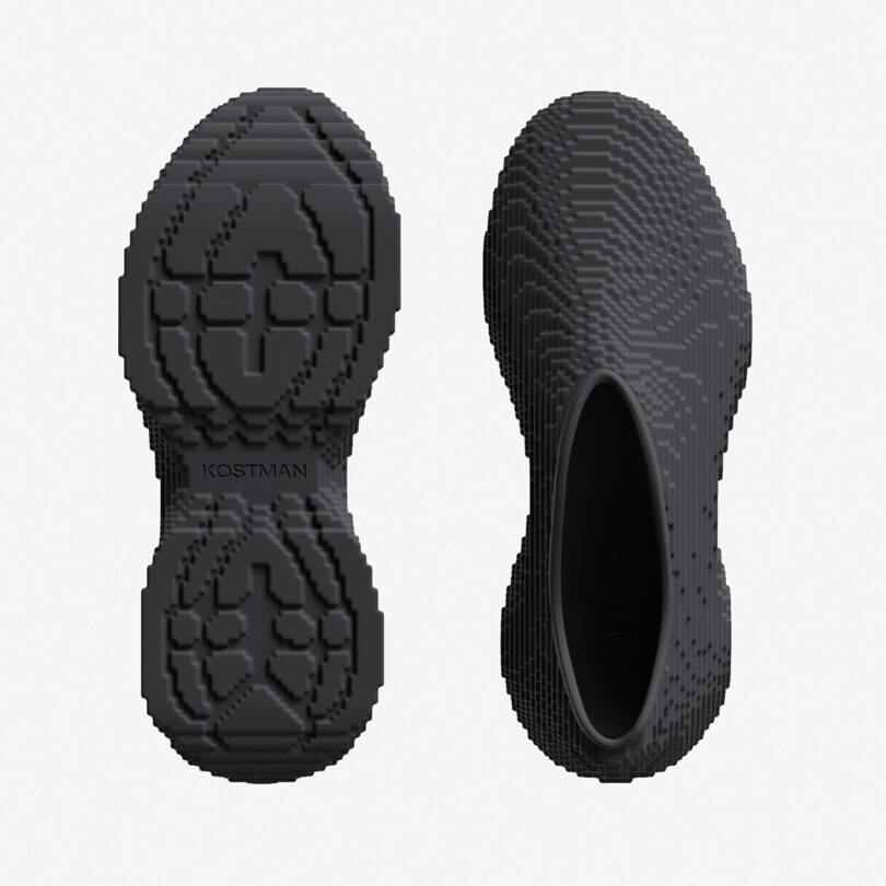 Overhead top view of a pair of Vulcan (black) Pixel Rider sneakers against white background showing top and sole.