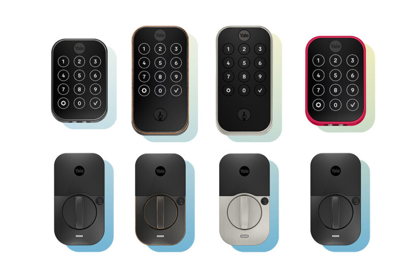 Four different Assure Lock touchscreen locks of various sizes and finishes.
