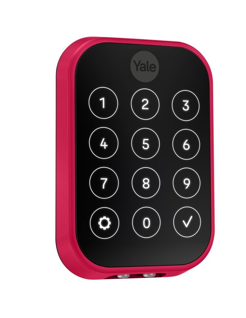 Silo shot of Yale x Pantone Assure Lock 2 Limited Edition, a touchscreen smart lock with a crimson red shade border with black touchscreen with white detailing numerical keypad.