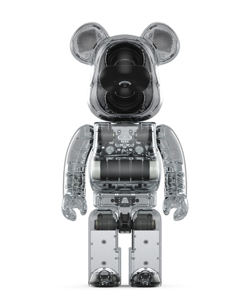 Clear edition BE@RBRICK AUDIO 400% Portable Bluetooth Speaker against white background.