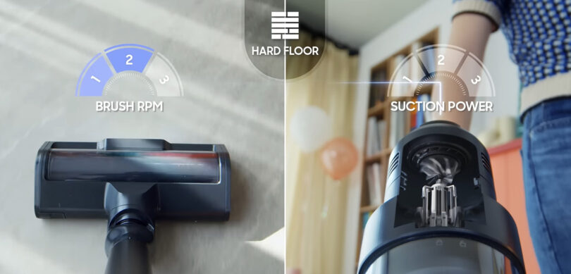 Two side by side photos illustrating the artificial intelligence adjusting suction and vacuum brush head to hard floors surfaces.