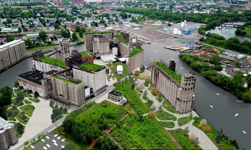 aerial view looking down at Silo City in Brooklyn