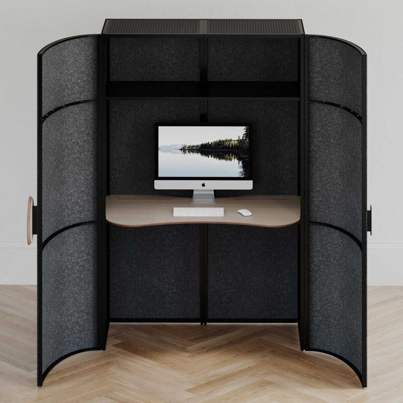 open front view of modern cabinet that hides a desk insid