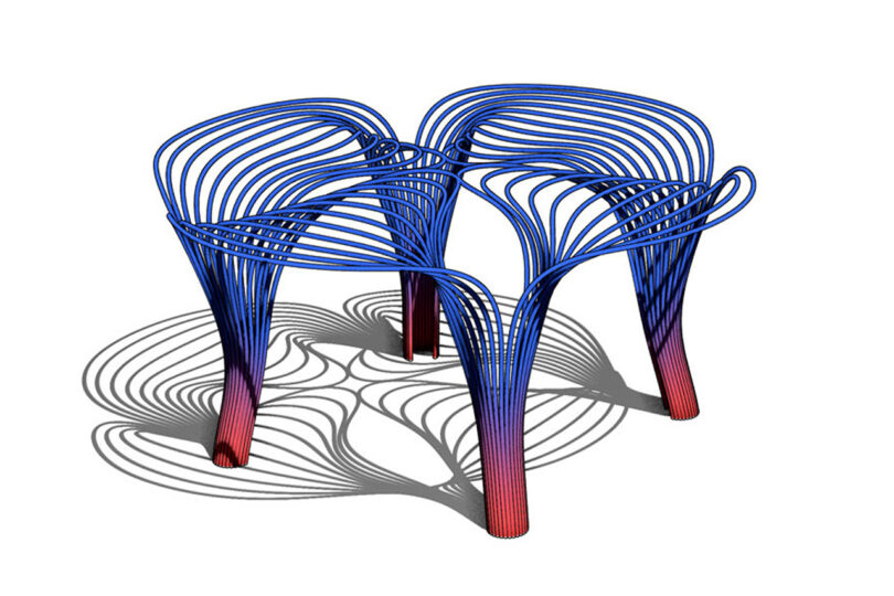 digital sketch of a piece of furniture made from red and blue wires