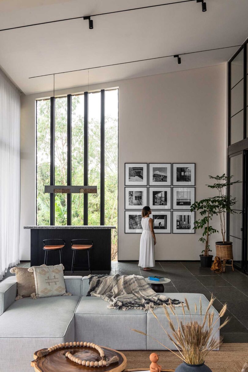 partial view of modern living space with bar area